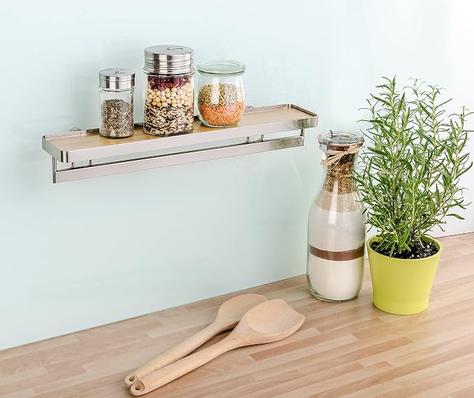 WENKO Spice Rack Organizer, Wall Mount Spice Shelf, Hanging Spice Holder for Kitchen, Seasoning Organizer, Spice Rack over the Stove, Made of Bamboo and Metal, 15.7 x 2.2 x 3.1 in