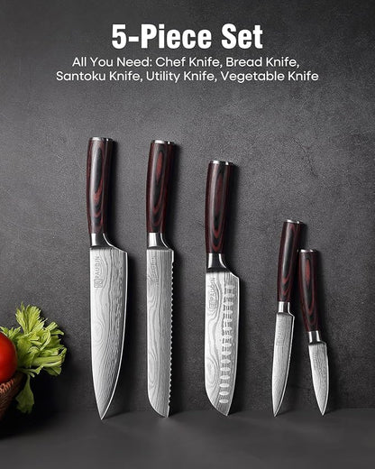 PAUDIN Knife Set, 5PCS Kitchen Knife Set without Block, Stainless Steel Chef Knife Set with Pakkawood Handle, Professional Kitchen Gift Sets for Cooking Lovers & Farther's Day