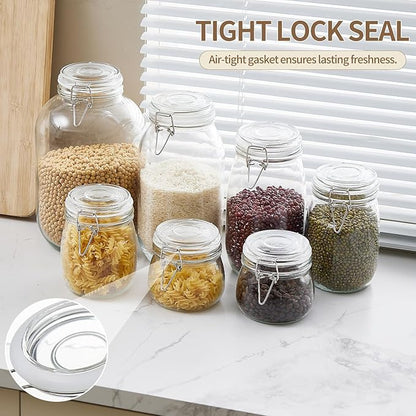ODBCYWM 34oz Glass Food Storage Jars with Airtight Lids, Set of 4 – Clear Preserving Seal Wire Clip Fastening Canisters for Kitchen Canning, Flour, Cereal, Pasta, Sugar, Beans, Pickling Jars (34oz*4)