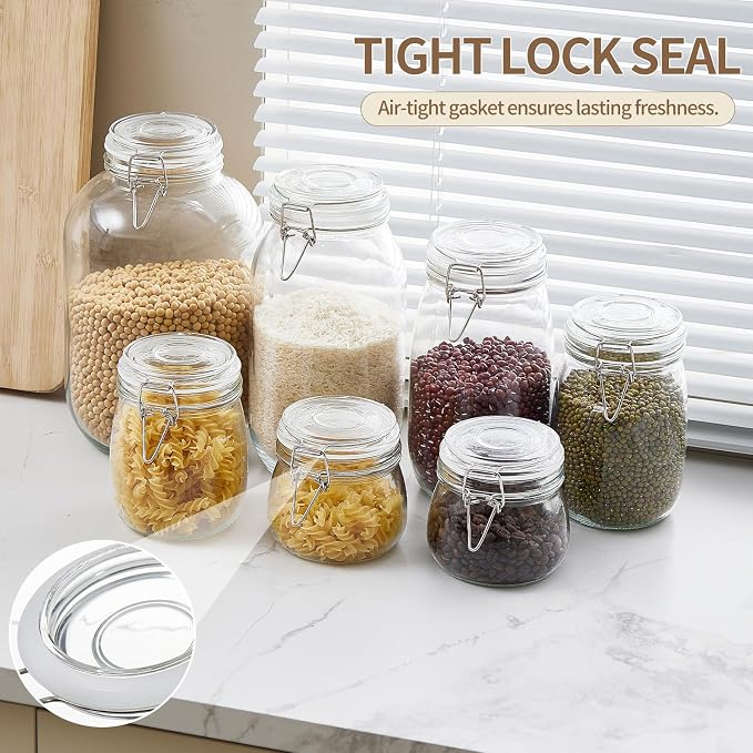 ODBCYWM 17oz Glass Food Storage Jars with Airtight Lids, Set of 6 – Clear Preserving Seal Wire Clip Fastening Canisters for Kitchen Canning, Flour, Cereal, Pasta, Sugar, Beans, Pickling Jars (17oz*6)