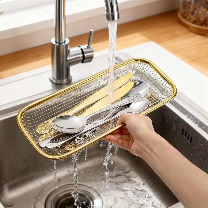 6 Pack Gold Silverware Kitchen Drawer Organizer, Stainless Steel Silverware Tray for Drawer, Utensil Holder for Party, Cutlery and Flatware Basket for Knife, Fork, Spoon, 12 × 5 × 2IN