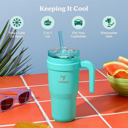 Reduce 24 oz Stainless Steel Tumbler with Handle - Dual-Wall Vacuum Insulated Travel Mug, Sweat-Proof Lid & Reusable Straw - Keeps Drinks Cold for 24 Hrs, Fits Cupholders, Dishwasher Safe-Purple Punch