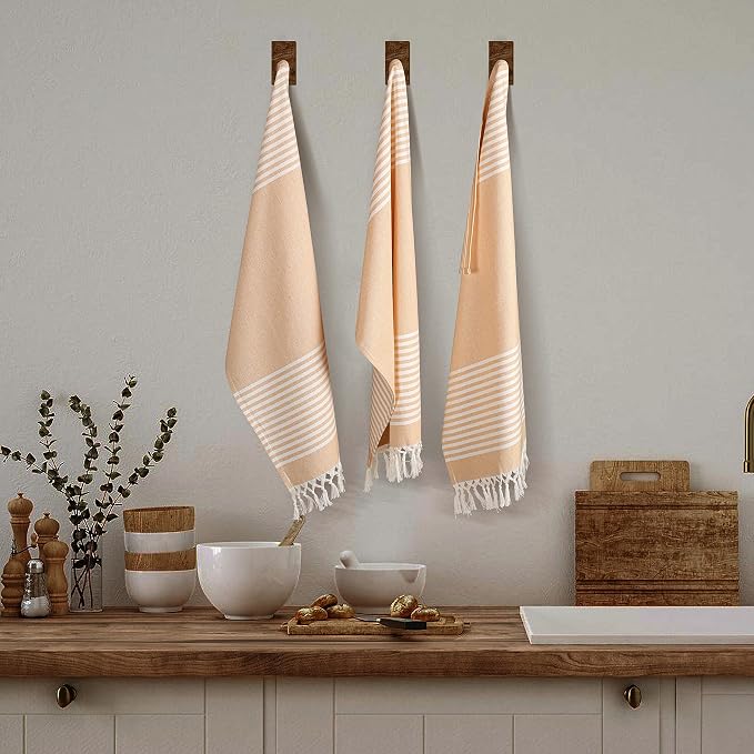 TWINY threads Set of 6 100% Cotton Turkish Kitchen Towels with Hanging Loop & Tassels (18" X 28") | Ultra Washcloth with Fringes | Reusable Hand Towels - Mustard Yellow