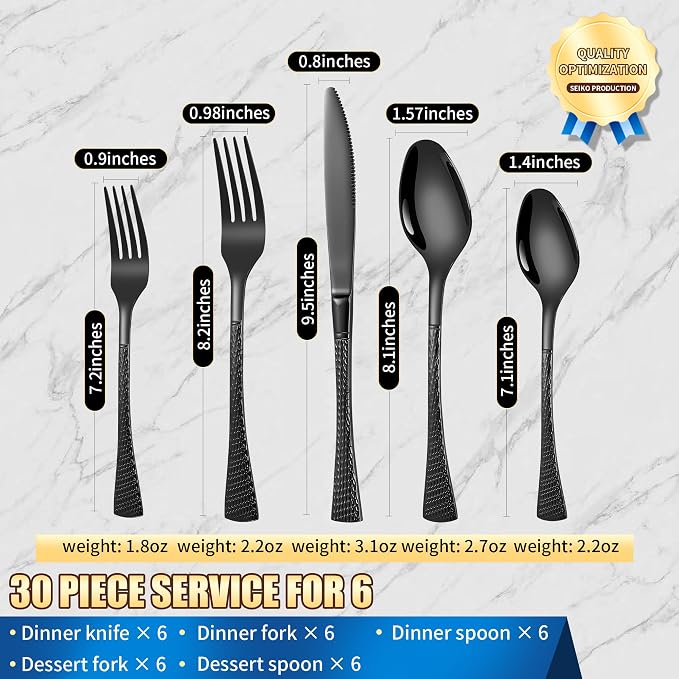 Lemeya Hammered Black Silverware Set,30 Piece Modern Flatware Set Service for 6,Mirror Polished Stainless Steel Cutlery Set Utensil Set Tableware Set,Kitchen Knives Forks Spoons Set,Dishwasher Safe