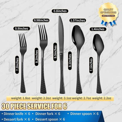 Lemeya Hammered Black Silverware Set,30 Piece Modern Flatware Set Service for 6,Mirror Polished Stainless Steel Cutlery Set Utensil Set Tableware Set,Kitchen Knives Forks Spoons Set,Dishwasher Safe