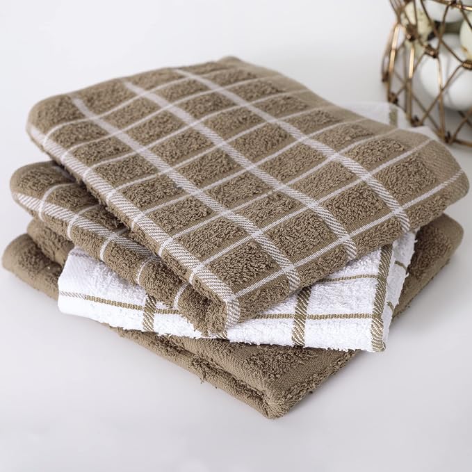 Ritz Premium 100% Cotton Terry Check Kitchen Dish Towels - Highly Absorbent, Super Soft, Long-Lasting, 25"x15", 3-Pack, Mocha