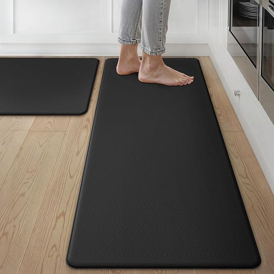 GENIMO Kitchen Mats for Floor 2PCs, Washable Anti Fatigue Mat for Cushioned, 17.3"x47"+17.3"x30", Waterproof Kitchen Rugs, Non Slip Comfort Standing Mat Rug for Home, Sink, Laundry, Black