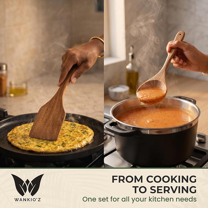 WANKIO'Z Acacia Wood Kitchen Utensil Set – 12" Handcrafted Wooden Spatula & Spoon | Complete Cooking & Serving Set | Safe for Nonstick Cookware | Premium Gift-Ready Packaging