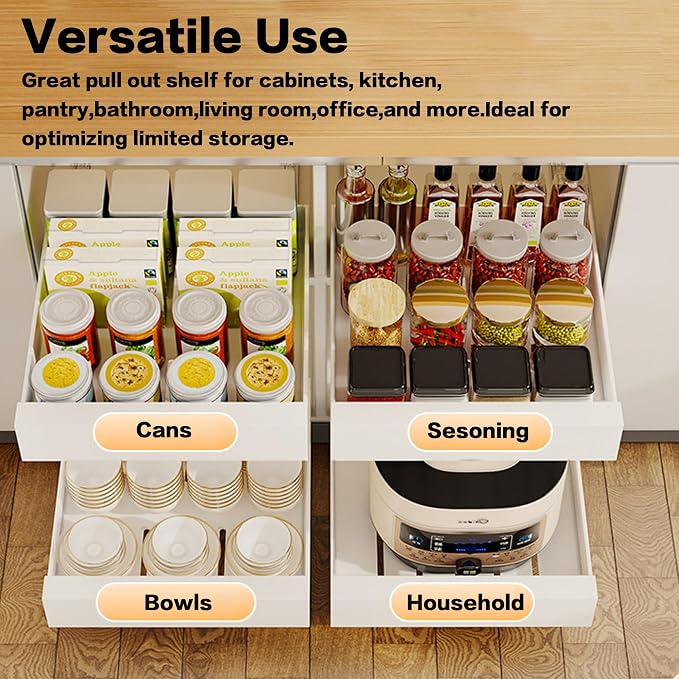 2 Pack Pull Out Cabinet Organizer Adhesive, 10" Wide 16.9" Deep Pull out Drawers for Face Frame or Frameless Cabinets, No Drill Heavy Duty Carbon Steel Drawer, Pantry Cabinet Shelf