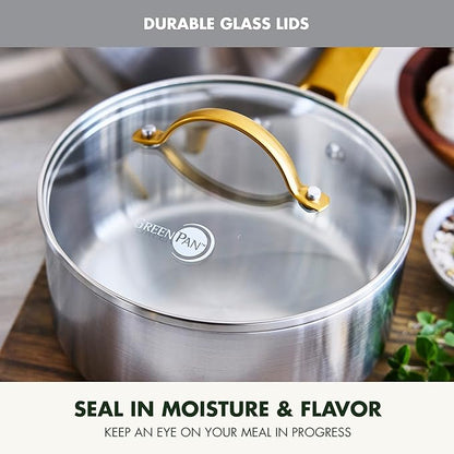 GreenPan Stainless Steel Tri-Ply Reserve 10 Piece Cookware Pots and Pans Set, Multiclad, Induction, Oven & Broiler Safe to 600°F, Heat Responsive Core, Dishwasher Safe, Glass Lids