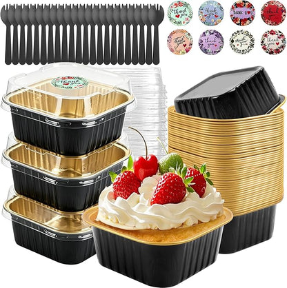 30 Pack 5oz Square Mini Cake Pans with Lids and Spoons,Aluminum Foil Baking Cups,Disposable Mini Loaf Pans Ramekins for Brownie, Cheesecake, Mousse & Wedding Party Favors-Black