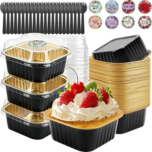 30 Pack 5oz Square Mini Cake Pans with Lids and Spoons,Aluminum Foil Baking Cups,Disposable Mini Loaf Pans Ramekins for Brownie, Cheesecake, Mousse & Wedding Party Favors-Black