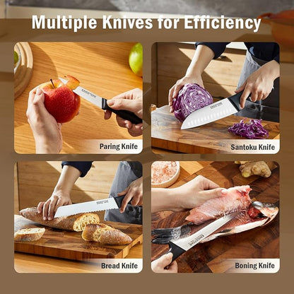 KINGSTONE 14-Piece Kitchen Knife Set with Block, High-Carbon Stainless Steel Knives Set, Ergonomic Non-Slip Handle, Professional Knife Set for Kitchen for Home Cooking & Gifting, Natural