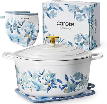 CAROTE 7 QT Enameled Floral Cast Iron Dutch Oven Pot with Lid, Cotton Potholders & Oven Gloves, Cast Iron Pot for Sourdough Bread Baking, All Stovetop Compatible, Oven Safe up to 500° F, White & Blue