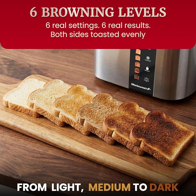 Elite Gourmet ECT2470 2-Slice Automatic Motorized Toaster, No-Lever Digital Touchscreen, Extra-Wide Slots, 6 Browning Levels, Bagel/Defrost/Reheat, Stainless Steel