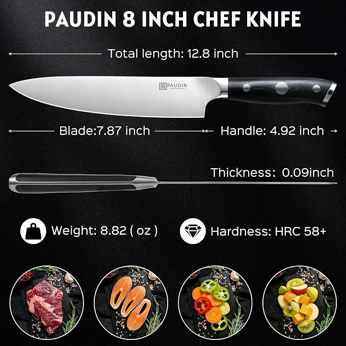 PAUDIN Chef Knife,8 Inch Professional Kitchen Knife Dishwasher Safe,Forged German Stainless Steel Sharp Cooking Knife,Ergonomic G10 Handle Full Tang Meal Prep Knives,Home Restaurant Gift for Men Women