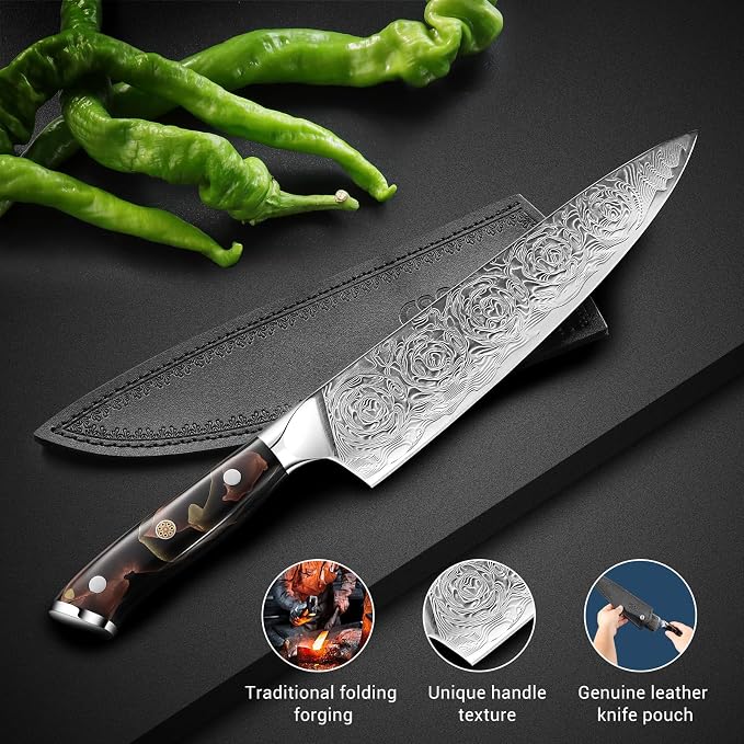 Professional Japanese Damascus Chef Knife 8 Inch - VG-10 High Carbon Steel, Ergonomic Resin Handle with Leather Sheath & Luxury Gift Box