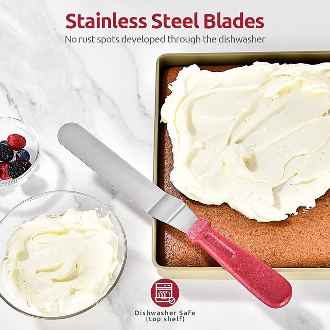 Icing Spatula, U-Taste Offset Spatula Set with 6", 8", 10" Blade, 18/0 Stainless Steel with PP Plastic Handle Angled Cake Decorating Frosting Spatula Set of 3 (Red)
