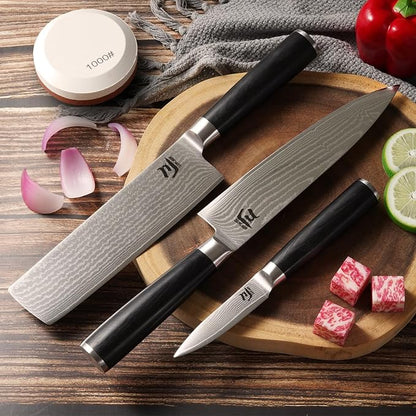 SUNCHUN 3-Piece VG-10 Damascus Kitchen Knife Set with Double-Sided Sharpening Stone – Nakiri, Chef & Paring Knives, 67-Layer Tsunami Wave Pattern, Black Pakka Wood Handles, 60±2 HRC (3-Piece-Set)