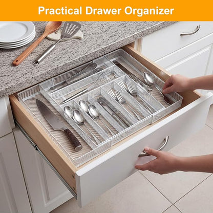 2 Pcs Utensil Drawer Silverware Organizer, Metal Mesh Expandable 13" 24" Kitchen Drawer Organizer, 7-9 Slots Cutlery Tray Dividers for Kitchen Flatware Christmas Housewarming Gift (White)