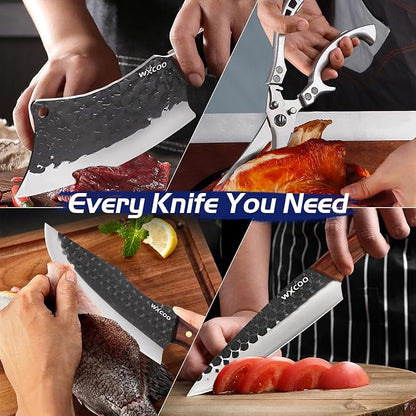 4PCS Kitchen Knife Set with Shears for Kitchen, High Carbon Steel, Hammered Blade Butcher Knives, Hand Forged Chef Cleaver, Fillet & Bone Chopper for Meat Cutting, Processing & BBQ - Black