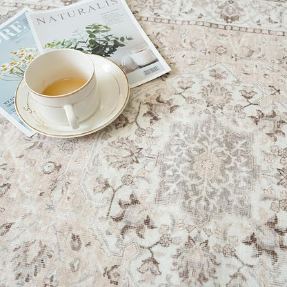 Washable 2x5 Hallway Runner Rug: Vintage Water Resistant Kitchen Entryway Rug Ultra Soft Living Room Bedroom Carpet with Non Slip Backing Indoor Low Pile Floor Mat for Bathroom Dining Room(2X5,Beige)