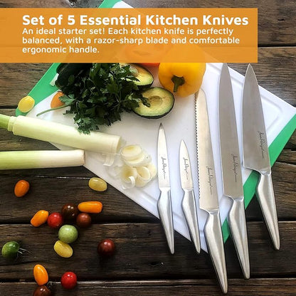 Jean-Patrique Chopaholic Kitchen Knife Set - 5 Knives Set for Kitchen - Stainless Steel Kitchen Knives with Carving Knife, Bread Knife, Chefs Knife, Utility Knife, Paring Knife Set