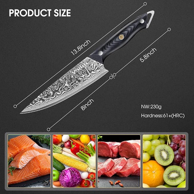 MOSFiATA Damascus Chef Knife 8 Inch, Professional Ultra Sharp Chef's Knives with 67-Layer High Carbon Damascus Steel VG-10 Blade and Ergonomic G10 Handle Kitchen Cooking Knife Gift Box