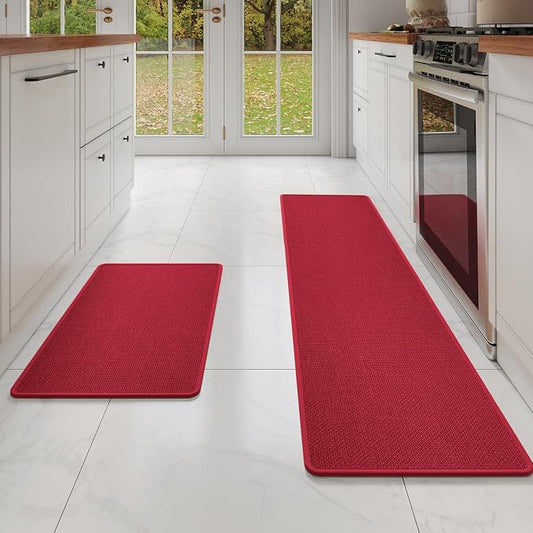 YDKGL Kitchen Mat Set of 2 PCS, Cushioned Non Slip Rugs for Kitchen Floor, Absorbent Runner Comfort Standing Mats Washable for Kitchen, Office, Home Red 17x30+17x59