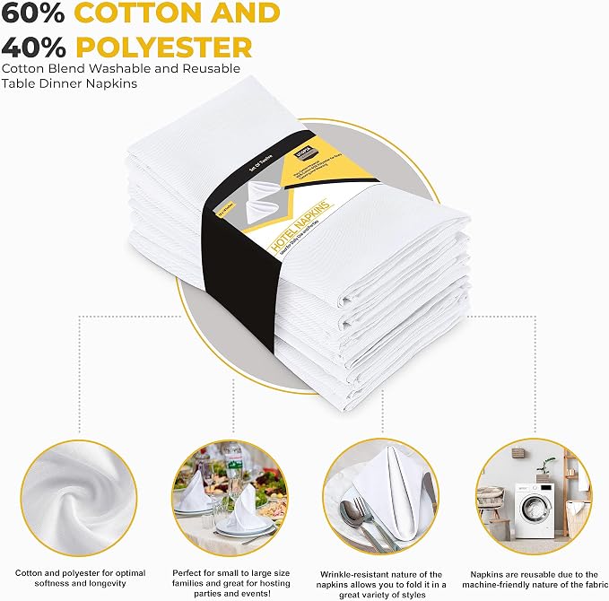 Utopia Kitchen White Cloth Napkins 288 Pack (18x18 Inches), Commercial Grade Dinner Napkins Bulk, Absorbent Cotton Blend, Washable Reusable for Restaurant, Hotel, Wedding, Lunch and Banquet