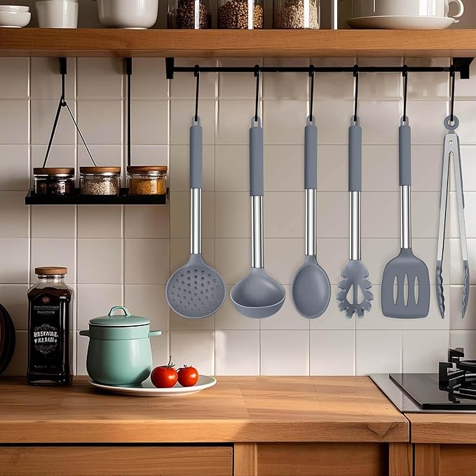 LIANYU Silicone Cooking Utensil Set, 6Pcs Heat Resistant Kitchen Utensils Set, Non-stick Stainless Steel Handle Spatula Tools, Dishwasher Safe, Grey