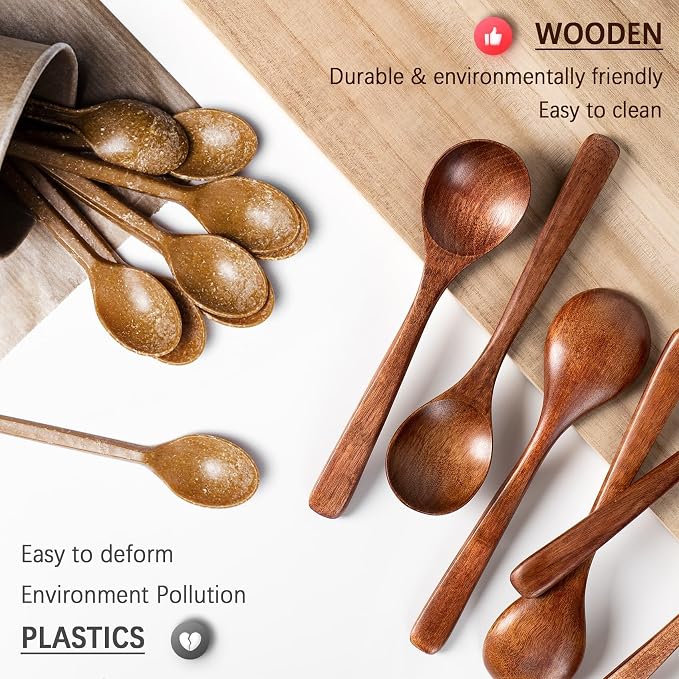 2 PCS Wooden Spoons for Eating, 7 inch Wooden Honey Spoons for Tea, Wood Teaspoons for Stirring Coffee, Hard Wood Table Spoon for Cooking, Small Serving Spoon for Soup, Desserts & Cereal