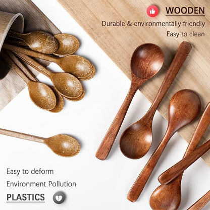 2 PCS Wooden Spoons for Eating, 7 inch Wooden Honey Spoons for Tea, Wood Teaspoons for Stirring Coffee, Hard Wood Table Spoon for Cooking, Small Serving Spoon for Soup, Desserts & Cereal