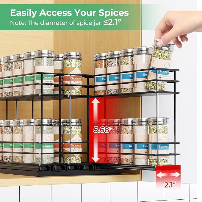 Mystozer Pull Out Spice Rack Organizer for Cabinet, Slide Out Spice Racks, Easy to Install Spice Cabinet Organizers, 7.4" Wx10.43 Dx8.26 H, 3 Drawers 2 Tiers(Black)