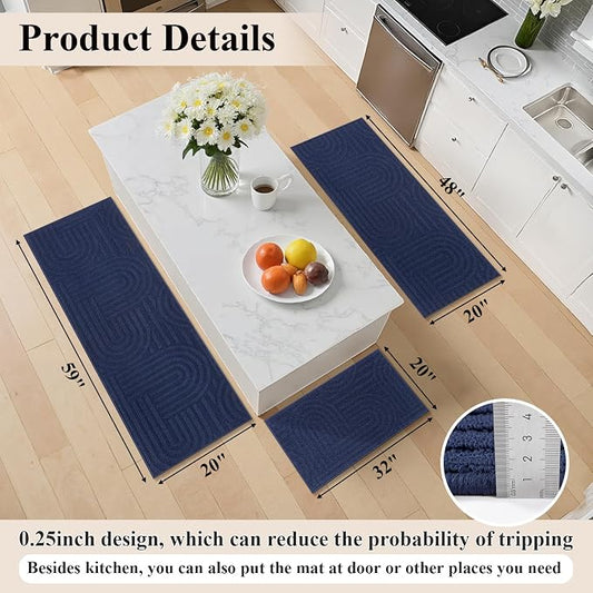 U'Artlines Kitchen Rugs and Mats Set of 3, Non Skid Washable Blue Geometric Kitchen Mats for Floor, Absorbent and Stain Resistant Floor Mat for Laundry, Sink Decor 20x32+20x48+20x59