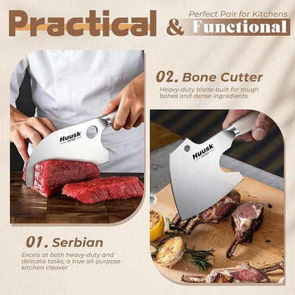 Huusk 2PC Butcher Knife Set - Ultra Sharp Serbian Chef Knife & Full Tang Bone Cleaver with Ivory White Handle, Heavy Duty Japanese Kitchen Axe Premium Gift for Women Men