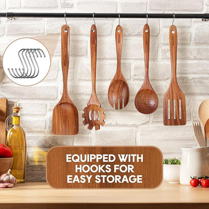 Wooden Spoons for Cooking, 6PCS Teak Wood Cookware Utensil Set with Hooks - Smooth Finish, Non-Stick, Comfortable Grip, Heat Resistant Kitchen Utensils