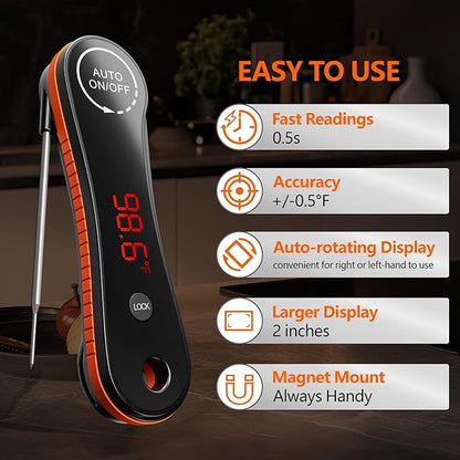Digital Meat Thermometer for Food Cooking, Paysean 0.5s Instant Read ±0.5℉ with Auto-Rotating Backlit Display, IP67 Waterproof for Kithchen, Grilling, BBQ, Liquid, Gift for him