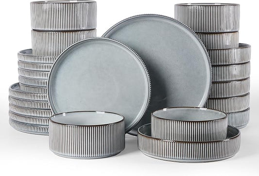 Famiware Star 24-Piece Stoneware Dinnerware Sets, Service for 6 - Shallow Pasta Bowls & Flat Plates, Modern Rustic Reactive Glaze Dishes, Chip/Scratch Resistant, Microwave/Dishwasher Safe, Smoky Blue