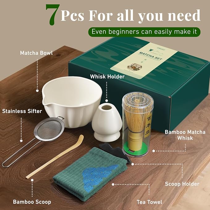 Renmxj Matcha Whisk Set,7 PCS Ceramic Matcha Kit Includes Matcha Bowl with Spout, Matcha Whisk and Holder, Bamboo Scoop, Stainless Sifter, Tea Towel, Unique Gift for Matcha Lovers (White)