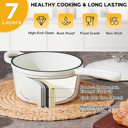 Onader 2 Quart Saucepan Dutch Oven, Enameled Cast Iron Sauce Pan Pot with Lid, Small Cooking Kitchen Pot, Nonstick & Oven Safe – White