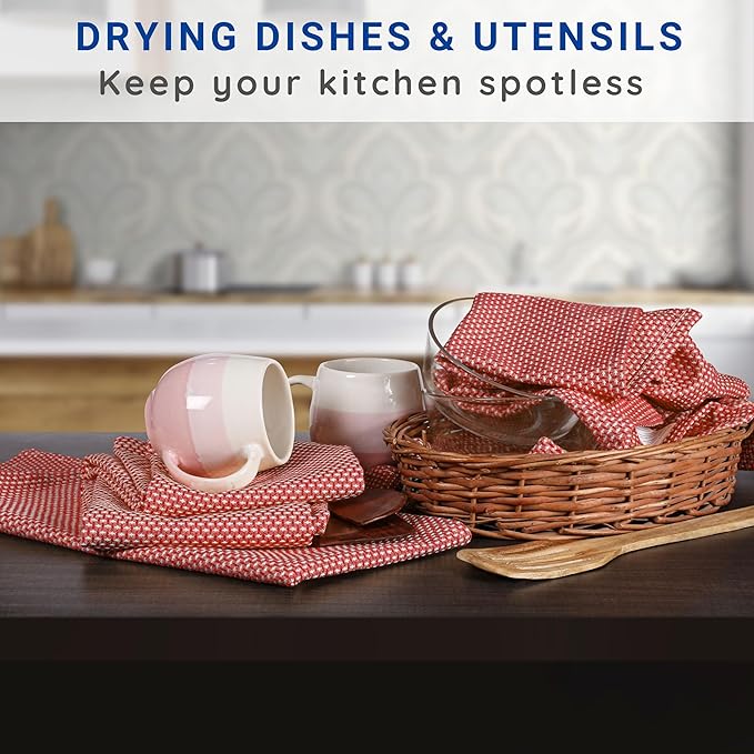 TWINY threads 4-Pack Cotton Kitchen Towels, 18x28 Inches, Soft & Absorbent Dish Cloths Set with Hanging Loop, Quick-Dry, Reusable and Washable Washcloths for Cooking, Baking & Cleaning Tasks, Red