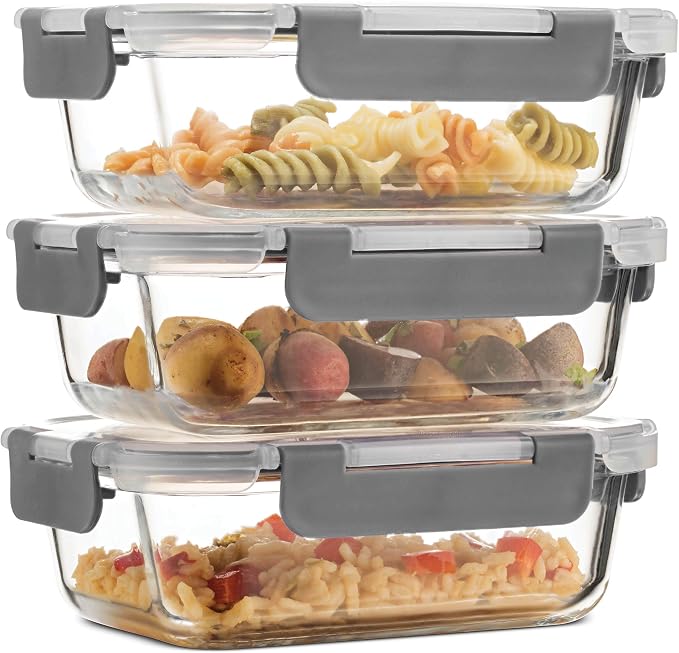 Superior Glass Meal Prep Containers - 3-pack (21oz) Newly Innovated Hinged BPA-free Locking lids - 100% Leak Proof Glass Food Storage Containers, Great on-the-go, Freezer to Oven Safe Lunch Containers