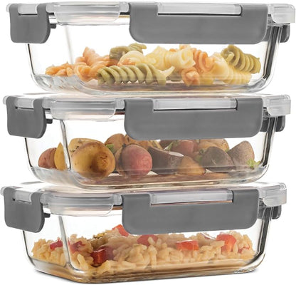 Superior Glass Meal Prep Containers - 3-pack (21oz) Newly Innovated Hinged BPA-free Locking lids - 100% Leak Proof Glass Food Storage Containers, Great on-the-go, Freezer to Oven Safe Lunch Containers