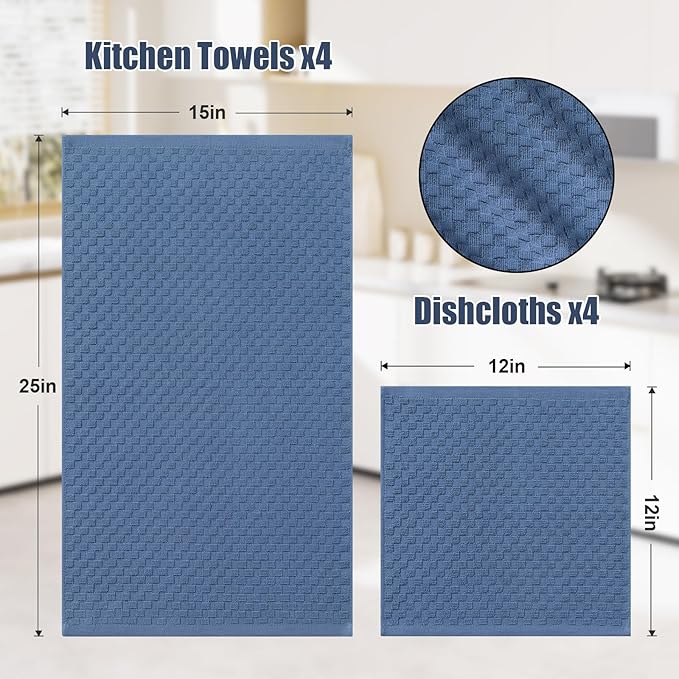 Homaxy 100% Cotton Kitchen Towels and Dishcloths Set, 12 x 12 & 15 x 25 Inches, Set of 8 Bulk Terry Cloth Dish Towels, Super Soft and Absorbent Hand Towel with Hanging Loop, Navy Blue