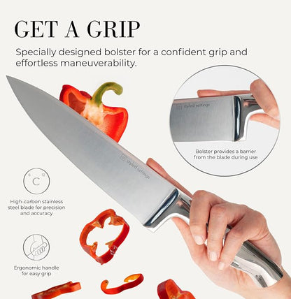 Styled Settings Stainless Steel Knife Set with Built In Sharpener - 14 Piece Ultra Sharp, High Carbon Stainless Steel Kitchen Knife Set Includes White Knife Block with Sharpener Built In