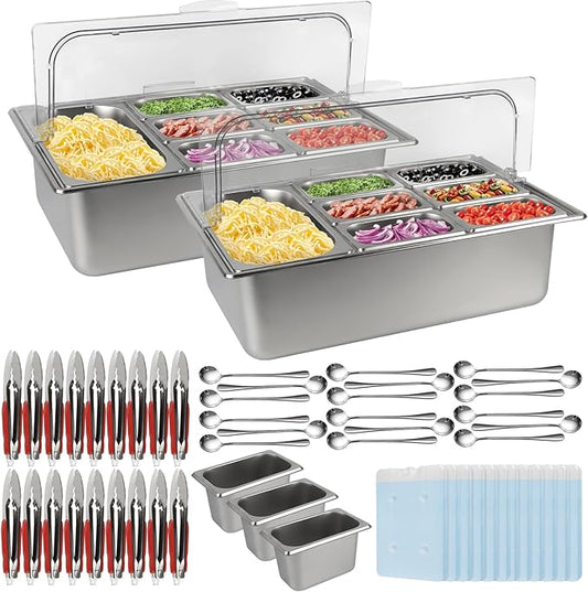 2PCS Pizza Topping Station 10 Pans Stainless Steel Spice Organizer Salad Bar Buffet Station with Spoons Ice Boxes Buffet Containers Set for Sauce Jam Ingredient Kitchen Restaurant Pantry
