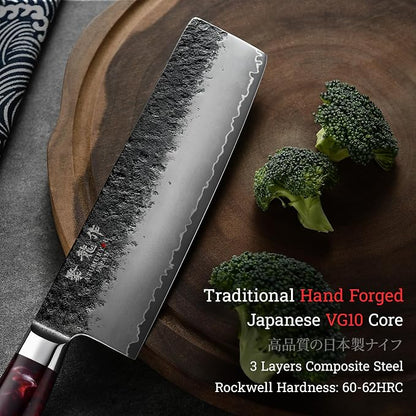 Japanese Nakiri Knife, 7 Inch Hand Forged Chef Knives with VG10 Steel, Professional Kitchen Knives, Ultra Sharp Vegetables Knife with Ergonomic Red Handle, Cooking Gifts for Men and Women