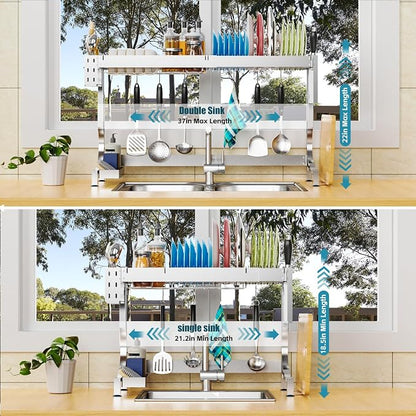 MINGLING Over Sink Dish Drying Rack Kitchen Dish Rack Over Sink Height & Width Adjustable Large Over Sink Dish Drainer Rack Full Stainless Steel (W21.2-37"~ H18.5-22" Silver)