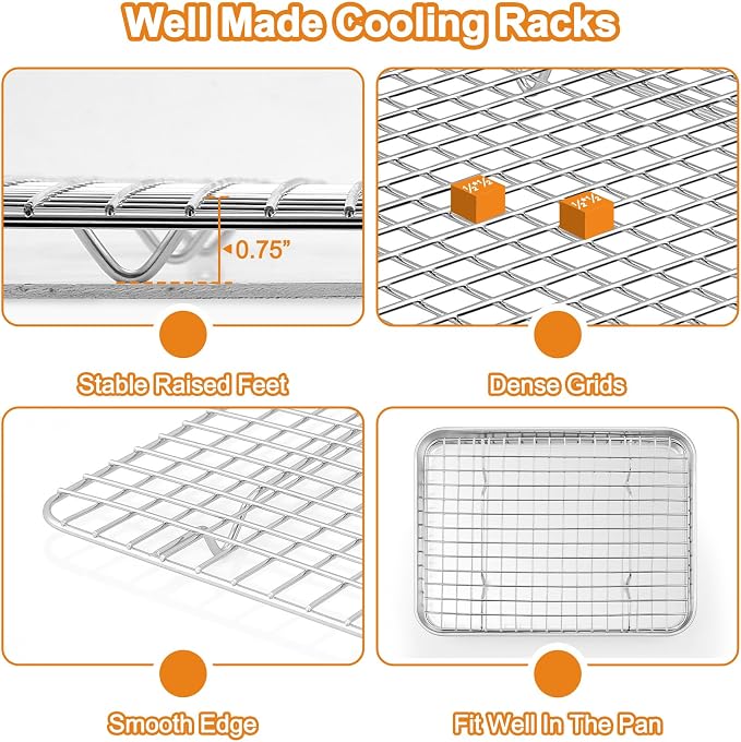 TeamFar 16/12.5/10.5 Inch Baking Sheet with Wire Rack, Stainless Steel Cookie Sheets Baking Pans and Cooling Racks for Cooking, Non-Toxic & Heavy Duty, Dishwasher Safe, 6 PCS (3 Pans + 3 Racks)